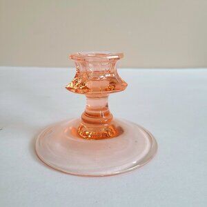 Vintage pink depression glass candleholder. Retro home decor.